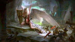 Rule 34 | 1girl, angel, angel wings, armor, bare shoulders, battle, blonde hair, blood, boots, bow (weapon), column, fighting stance, firing, giant, giantess, guang yi, headwear request, helmet, high heel boots, high heels, holding, holding weapon, hood, injury, long hair, multiple boys, original, pillar, polearm, shield, shoulder armor, sitting, size difference, spear, stairs, statue, sword, weapon, white wings, wings