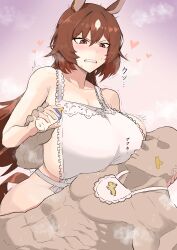 Rule 34 | 1boy, 1girl, absurdres, alternate costume, animal ears, apron, baby bottle, bare shoulders, blush, bottle, breasts, brown hair, cleavage, clenched teeth, commentary request, commission, cowboy shot, dashi kani, ear ornament, gradient background, hair between eyes, heart, highres, holding, holding bottle, horse ears, horse girl, horse tail, huge breasts, long hair, multicolored hair, muscular, muscular male, naked apron, red eyes, sirius symboli (umamusume), skeb commission, streaked hair, tail, teeth, translation request, umamusume, very long hair, white apron, white hair