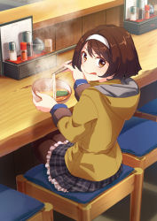 Rule 34 | 1girl, :q, black hair, black pantyhose, bowl, brown eyes, chopsticks, food, hairband, highres, holding, holding chopsticks, hood, hood down, hoodie, kantai collection, licking lips, long sleeves, looking at viewer, looking back, noodles, pantyhose, plaid, plaid skirt, pleated skirt, short hair, sitting, skirt, solo, stool, takuzui, tanikaze (kancolle), tongue, tongue out, udon, white hairband