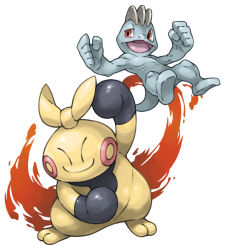 Rule 34 | closed mouth, commentary request, fire, gen 1 pokemon, hand up, looking at viewer, machop, makuhita, no humans, open mouth, pearl7, pokemon, pokemon (creature), red eyes, simple background, smile, standing, white background