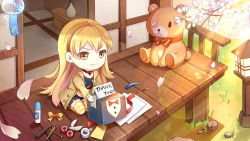 Rule 34 | 1girl, blonde hair, cherry blossoms, chibi, fang, father&#039;s day, gift, glue stick, heart, highres, mila (smc), official art, paper, pen, pencil, petals, ribbon, scissors, smile, stuffed animal, stuffed toy, super mecha champions, teddy bear, thank you, wind chime, yellow eyes