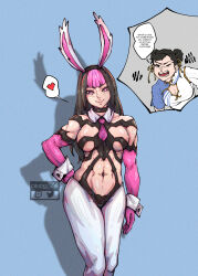 Rule 34 | 2girls, abs, adapted costume, alternate costume, angry, animal ears, between breasts, black hair, blue background, breasts, capcom, chuckuddin, chun-li, detached sleeves, english text, fake animal ears, hair bun, han juri, hand on own hip, heart (symbol), highres, large breasts, leotard, long hair, looking at viewer, multiple girls, muscular, muscular female, navel, necktie, necktie between breasts, pink hair, playboy bunny, rabbit ears, short hair, smile, speech bubble, street fighter, white leotard