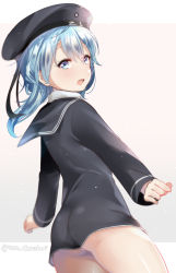Rule 34 | 1girl, :d, aqua eyes, aqua hair, arched back, ass, back, bad id, bad pixiv id, black hat, black sailor collar, blush, character request, commentary request, cowboy shot, dutch angle, fang, from behind, hair between eyes, hat, juurouta, kantai collection, long hair, long sleeves, looking at viewer, looking back, open mouth, outstretched arms, sailor collar, smile, solo, thighs, twisted neck, twitter username