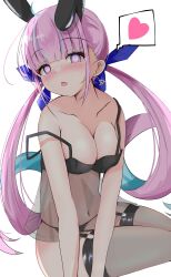 Rule 34 | 1girl, absurdres, animal ears, black panties, blue ribbon, blush, collarbone, fake animal ears, garter straps, heart, heart-shaped pupils, highres, hololive, long hair, looking at viewer, masaharu21, minato aqua, navel, nightgown, open mouth, panties, pink eyes, pink hair, ribbon, simple background, solo, spoken heart, symbol-shaped pupils, tongue, tongue out, underwear, very long hair, virtual youtuber, white background