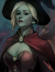 Rule 34 | 1girl, blonde hair, blue eyes, bodice, breasts, brooch, capelet, cleavage, earrings, halloween costume, hat, jack-o&#039;-lantern, jack-o&#039;-lantern earrings, jewelry, kakimari, lips, lipstick, looking at viewer, makeup, mechanical wings, medium breasts, mercy (overwatch), night, nose, official alternate costume, outdoors, outline, overwatch, overwatch 1, portrait, realistic, red lips, solo, upper body, wings, witch, witch hat, witch mercy