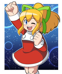 Rule 34 | 1girl, ;d, adapted costume, arm up, blonde hair, blue background, blue eyes, blush, christmas, clenched hands, commentary request, dress, flat chest, green ribbon, hair ribbon, long hair, long sleeves, looking at viewer, mega man (classic), mega man (series), mega man 8, one eye closed, open mouth, ponytail, red dress, ribbon, roll (mega man), santa costume, sidelocks, smile, solo, standing, teeth, turtleneck, turtleneck dress, yume yoroi