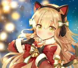 Rule 34 | 1girl, animal ear headphones, animal ears, bell, black gloves, blonde hair, blurry, blurry background, blush, bow, cat ear headphones, cat ears, cat girl, cat tail, closed mouth, commentary, depth of field, detached sleeves, fake animal ears, fingerless gloves, fur-trimmed sleeves, fur trim, girls&#039; frontline, gloves, green eyes, hair between eyes, hair bow, hands up, headphones, heart, heart hands, long hair, long sleeves, looking at viewer, melings (aot2846), official alternate costume, red bow, red sleeves, solo, striped, striped bow, tail, tail raised, tmp (girls&#039; frontline), tmp (red-eared cat) (girls&#039; frontline), upper body, very long hair