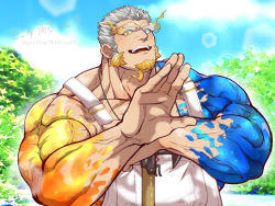 Rule 34 | 1boy, bara, biceps, blue skin, character request, colored skin, facial hair, fiery hair, forked eyebrows, goatee, hammer, hands up, highres, holding, holding hammer, kizami nori to yamaimo, large pectorals, long sideburns, looking at viewer, male focus, mature male, muscular, muscular male, official alternate costume, orange skin, overalls, pectorals, short hair, sideburns, smile, solo, sunlight, thick eyebrows, tokyo houkago summoners, upper body, veins, veiny arms, white hair