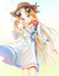 Rule 34 | 1girl, abigail williams (fate), alternate costume, alternate headwear, black bow, blonde hair, blue eyes, blush, bow, breasts, brown hat, collarbone, commentary request, contemporary, dress, fate/grand order, fate (series), floating hair, flower, forehead, hair bow, hand in own hair, hand up, hat, long hair, long sleeves, looking at viewer, multiple hair bows, notice lines, open mouth, orange bow, parted bangs, polka dot, polka dot bow, sailor collar, sailor dress, sakazakinchan, small breasts, solo, stuffed animal, stuffed toy, teddy bear, thighs, very long hair, white dress, white flower, white sailor collar