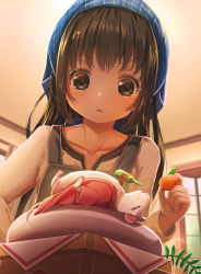 Rule 34 | 1girl, aiuabo, apron, black eyes, black hair, blue headwear, collarbone, day, highres, indoors, kagami mochi, long hair, long sleeves, looking at viewer, lying, mouse (animal), on back, original, triangle mouth, window