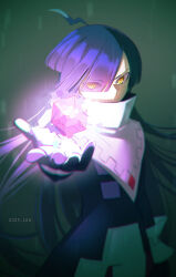 1boy ahoge arm_at_side artist_name bishounen black_coat blue_hair blunt_bangs blurry burippoi coat collar covered_mouth cowboy_shot cube dark_blue_hair dated depth_of_field eyes_visible_through_hair floating floating_object gloves glowing gradient_background gradient_hair green_background hand_up high_collar lightning_ahoge long_hair looking_to_the_side male_focus multicolored_hair object_floating_above_hand official_alternate_hair_length official_alternate_hairstyle open_hand pale_skin pants purple_hair puyopuyo puyopuyo_tetris_2 radial_gradient_background sideways_glance solo squares_(puyopuyo) standing three_quarter_view very_long_hair white_collar white_pants yellow_eyes