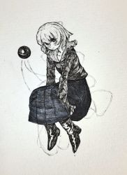 Rule 34 | 1girl, blush, boots, closed mouth, full body, greyscale, highres, komeiji koishi, looking at viewer, mashimashi, monochrome, pleated skirt, short hair, sitting, skirt, sleeves past fingers, sleeves past wrists, solo, third eye, touhou, traditional media