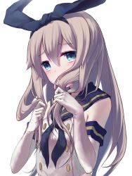 Rule 34 | 10s, 1girl, blue eyes, blush, detached sleeves, fuyujima (fyzm), fuyuzima, gloves, hairband, highres, holding, holding own hair, kantai collection, long hair, looking at viewer, sad, shimakaze (kancolle), solo, sweat, upper body