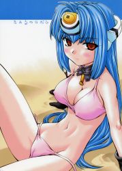 Rule 34 | 00s, 1girl, absurdres, android, beach, bikini, blue hair, blush, breasts, cameltoe, collar, cover, cover page, female focus, gloves, highres, kos-mos, large breasts, long hair, nakajima rei, nipples, pink bikini, red eyes, scan, solo, swimsuit, xenosaga