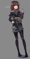 Rule 34 | 1girl, ammunition pouch, assault rifle, bad id, bad pixiv id, blue eyes, brown hair, cz 805 bren, dreadtie, gun, highres, load bearing vest, long hair, original, pantyhose, pouch, rifle, scarf, solo, weapon