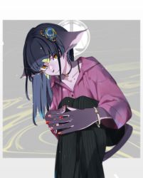 Rule 34 | 1girl, animal ears, black hair, blue hair, bracelet, brown eyes, cat ears, cat tail, choker, female focus, furry, furry female, highres, idkuroi, jewelry, long hair, looking at viewer, multicolored hair, nail polish, noire kooshe, original, own hands together, pants, pinstripe pants, pinstripe pattern, purple shirt, red nails, shirt, sitting, slit pupils, smile, solo, striped, tail