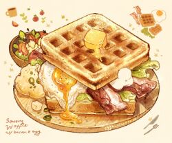 Rule 34 | bacon, butter, cherry tomato, commentary, cup, dripping, egg, english commentary, english text, food, food focus, fork, fried egg, highres, knife, lettuce, mug, nao (bestrollever), onion, original, plate, rabbit, rabbit tail, sparkle, star (symbol), tail, tomato, tomato slice, waffle, yellow background