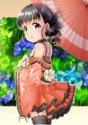 Rule 34 | 1girl, bare shoulders, black hair, black thighhighs, blue flower, blurry, blurry background, blush, brown kimono, brown umbrella, commentary request, depth of field, fingernails, flower, frilled kimono, frills, fukuyama mai, grey eyes, highres, holding, holding umbrella, hydrangea, idolmaster, idolmaster cinderella girls, japanese clothes, kimono, long sleeves, looking at viewer, looking to the side, oil-paper umbrella, parted lips, rain, regular mow, ribbon-trimmed legwear, ribbon-trimmed sleeves, ribbon trim, ringlets, short kimono, sleeves past wrists, solo, thighhighs, umbrella, white flower, wide sleeves, x-ray