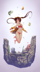 Rule 34 | 1girl, ?, absurdres, air bubble, animal, azur lane, bandeau, bare shoulders, bikini, blush, brown hair, bubble, closed mouth, collarbone, commentary, fish, fish request, fur-trimmed jacket, fur trim, hair ornament, hairpin, halterneck, halterneck, heart, highres, jacket, long hair, long sleeves, o-ring, octopus, off shoulder, ping hai (azur lane), ping hai (summer vacation) (azur lane), red bikini, red eyes, rock, rou (rou22), solo, swimsuit, twintails, underwater, very long hair, visor cap, yellow jacket