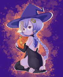 Rule 34 | 1girl, absurdres, black gloves, black nails, braid, braided ponytail, coin, elbow gloves, feet, female focus, fingerless gloves, from behind, full body, genshin impact, gloves, hair ornament, hat, highres, jack-o&#039;-lantern, jewelry, jiangshi, looking at viewer, mad mex, nail polish, pumpkin, purple background, purple eyes, purple hair, qiqi (genshin impact), ring, skull, solo, stirrup legwear, thick thighs, thighs, toe ring, toeless legwear, toes, witch hat