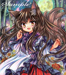 Rule 34 | 1girl, animal ear fluff, animal ears, blush, brown hair, dress, fang, fingernails, frilled sleeves, frills, imaizumi kagerou, long fingernails, long hair, long sleeves, nail polish, open mouth, red dress, red eyes, red nails, rui (sugar3), sample watermark, sharp fingernails, skin fang, smile, solo, tail, touhou, traditional media, watermark, white dress, wide sleeves, wolf ears, wolf tail