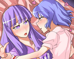 Rule 34 | 2girls, aftersex, blue hair, girl on top, heart, long hair, looking at another, looking up, multiple girls, on bed, patchouli knowledge, pinned, purple eyes, purple hair, red eyes, remilia scarlet, saliva, saliva trail, sei (kaien kien), short hair, touhou, yuri