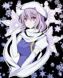 Rule 34 | 1girl, elbow gloves, female focus, fuoco, gloves, hat, letty whiterock, light purple hair, short hair, snowflakes, solo, touhou