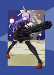 Rule 34 | 1girl, absurdres, animal ears, bandaid, bandaid on face, blazer, blue background, breasts, rabbit ears, collared shirt, fingerless gloves, foreshortening, full body, gatling gun, gloves, gun, highres, hinagami, jacket, large breasts, light purple hair, long hair, looking at viewer, minigun, necktie, red eyes, reisen udongein inaba, road sign, shirt, shoes, sign, skirt, sleeves rolled up, smoke, solo, standing, thighhighs, touhou, tsurime, weapon
