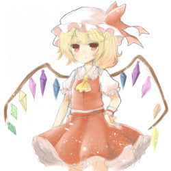Rule 34 | 1girl, :/, ascot, blonde hair, cocoa (cocoa1qld), cowboy shot, crystal, expressionless, flandre scarlet, flat chest, frilled shirt collar, frills, hand on own hip, hat, light particles, looking at viewer, mob cap, one side up, petticoat, puffy short sleeves, puffy sleeves, red eyes, red skirt, red vest, short sleeves, simple background, skirt, solo, touhou, vest, white background, white hat, wings, wrist cuffs, yellow ascot