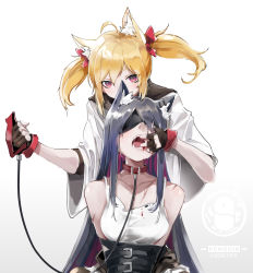 Rule 34 | 2girls, absurdres, animal ear fluff, animal ears, arknights, bdsm, black hair, blindfold, blonde hair, blood, collar, collarbone, ear piercing, finger in another&#039;s mouth, finger to another&#039;s mouth, finger to mouth, gloves, highres, jacket, leash, long hair, multiple girls, open mouth, penguin logistics logo, piercing, red eyes, shinnasuka025, sora (arknights), tank top, texas (arknights), tongue, twintails, wolf ears