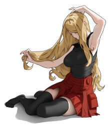 1girl 987645321o aged_up alternate_breast_size arm_up armpits black_shirt black_thighhighs blonde_hair breasts closed_eyes creatures_(company) facing_down fingernails full_body game_freak large_breasts long_hair nintendo pokemon pokemon_xy red_skirt serena_(pokemon) shirt simple_background sitting skirt skirt_pocket sleeveless sleeveless_shirt solo thighhighs very_long_hair white_background yokozuwari