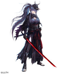 Rule 34 | 1girl, akiyama rinko, alternate form, black footwear, boots, breasts, cleavage, closed mouth, holding, holding sword, holding weapon, japanese clothes, k-suwabe, katana, mask, ninja, official art, ponytail, purple eyes, purple hair, simple background, solo, standing, sword, taimanin (series), taimanin asagi, taimanin yukikaze, thigh boots, toeless footwear, tossing, weapon, white background