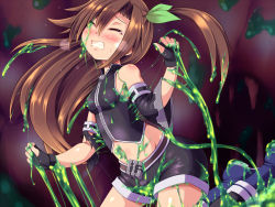 Rule 34 | 1girl, bare shoulders, blush, boots, boyshorts, breasts, brown hair, clenched teeth, closed eyes, detached sleeves, fingerless gloves, gloves, if (neptunia), kerneed, kneeling, long hair, neptune (series), shiny clothes, shiny skin, side ponytail, slime, small breasts, solo, tears, teeth, thighhighs, very long hair