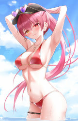 Rule 34 | 1girl, armpits, arms behind head, arms up, bare arms, bare shoulders, baseball cap, bikini, black hat, blue sky, blush, breasts, cloud, cloudy sky, day, earrings, eyewear on head, eyewear on headwear, gold trim, hair between eyes, hat, heart, heart-shaped eyewear, heart earrings, heart necklace, heterochromia, highres, hololive, houshou marine, houshou marine (summer), jewelry, large breasts, lis 111, long hair, looking at viewer, navel, necklace, o-ring, o-ring thigh strap, outdoors, parted lips, ponytail, red bikini, red eyes, red hair, sidelocks, skindentation, sky, smile, solo, standing, stomach, string bikini, sunglasses, swimsuit, thigh strap, thighs, tinted eyewear, very long hair, virtual youtuber, wading, water, wet, yellow eyes