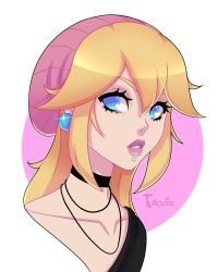 Rule 34 | 1girl, absurdres, artist name, black choker, black shirt, blonde hair, blue eyes, choker, circle, collarbone, cropped shoulders, earrings, expressionless, eyelashes, glint, hair between eyes, headwear request, highres, jewelry, lips, mario (series), medium hair, necklace, nintendo, nose, nostrils, parted lips, piercing, pink background, pink headwear, princess peach, punk, purple lips, shirt, solo, thick eyebrows, tulipsie, upper body, white background