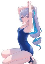 Rule 34 | 1girl, absurdres, armpits, arms up, bare arms, bare legs, blue hair, blue one-piece swimsuit, blue ribbon, breasts, bronya zaychik, bronya zaychik (herrscher of truth), cleavage, closed mouth, collarbone, colored inner hair, from side, grey hair, hair between eyes, hair ribbon, high ponytail, highres, honkai (series), honkai impact 3rd, legs, looking at viewer, multicolored hair, on one knee, one-piece swimsuit, purple eyes, ribbon, sandals, school swimsuit, simple background, small breasts, smile, solo, spaghetti strap, swimsuit, two-tone hair, white background, yonacia