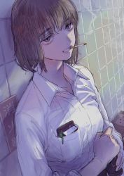 Rule 34 | 1girl, breast pocket, brown eyes, brown hair, cigarette, collared shirt, commentary, grin, highres, katsuoboshi, looking at viewer, mole, mole on cheek, original, pen in pocket, pocket, shirt, sitting, smile, smoke, smoking, solo, tile wall, tiles, upper body, white shirt