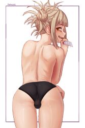 Rule 34 | 1girl, artist name, ass, black panties, blonde hair, boku no hero academia, bulge, covered testicles, cowboy shot, from behind, futanari, highres, holding, holding knife, knife, looking at viewer, messy hair, open mouth, panties, seraziel, solo, teeth, testicles, toga himiko, topless, underwear, underwear only, white background, yellow eyes