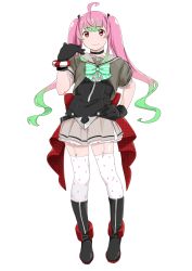 Rule 34 | 1girl, absurdres, ahoge, anchor, black footwear, black gloves, boots, bow, full body, gloves, gradient hair, green bow, green hair, grey sailor collar, grey skirt, highres, kantai collection, long hair, looking at viewer, momo (kancolle), multicolored hair, ojipon, pink hair, pleated skirt, red eyes, sailor collar, school uniform, serafuku, short sleeves, simple background, skirt, smile, solo, sparkle print, standing, thighhighs, twintails, white background, white thighhighs