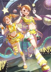 Rule 34 | 2girls, adjusting headset, alien, arm at side, artist name, asymmetrical bangs, belt, birthday, blush, breasts, brown eyes, brown hair, commentary request, concert, criss-cross strings, crop top, fingerless gloves, full body, futami ami, futami mami, gloves, glowstick, green jacket, hands up, headset, high side ponytail, highres, idol, idol clothes, idolmaster, idolmaster (classic), idolmaster million live!, idolmaster million live! theater days, indoors, jacket, kneehighs, ladder, light blush, looking at viewer, looking to the side, medium bangs, microphone, multiple girls, music, navel, official alternate costume, open clothes, open jacket, open mouth, penlight (glowstick), planet, ponytail, puffy shorts, shirt, shoes, short hair, short shorts, short sleeves, shorts, siblings, side ponytail, signature, singing, sisters, sleeveless, small breasts, smile, socks, space, spacecraft, stage, standing, star (symbol), straight hair, striped clothes, striped socks, swept bangs, taka.yana, thigh strap, thighs, tongue, twins, v, waist sash, walking, waving, white footwear, white gloves, yellow footwear, yellow jacket, yellow shirt, yellow shorts