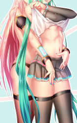 Rule 34 | 2girls, black legwear, black panties, blouse, blue background, clothes lift, cowboy shot, detached sleeves, english text, fingernails, geduan, green hair, hatsune miku, hatsune miku (vocaloid4), head out of frame, highres, lifting own clothes, long fingernails, long hair, megurine luka, megurine luka (vocaloid4), miniskirt, multiple girls, nail polish, navel, panties, pink hair, shirt, shirt lift, skirt, standing, stomach, thighhighs, topless, twintails, underwear, underwear only, very long hair, vocaloid, white shirt, yuri