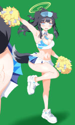 Rule 34 | 1girl, absurdres, animal ears, arm up, armpits, ass, bare shoulders, black hair, blue archive, blue eyes, blunt bangs, blush, breasts, bright pupils, cheerleader, cleavage, detached collar, dog ears, dog girl, dog tail, eyewear on head, goggles, goggles on head, green background, halo, hibiki (blue archive), highres, kanae@momochoco, leg up, looking at viewer, miniskirt, multiple views, navel, open mouth, pom pom (cheerleading), shadow, shoes, sidelocks, simple background, skirt, small breasts, sneakers, stomach, sweat, tail, white footwear