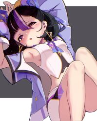 Rule 34 | 1girl, armpits, arms up, black hair, blush, breasts, coco96273736, earrings, goddess of victory: nikke, hair ribbon, jacket, jewelry, mole, mole under eye, multicolored hair, necktie, off-shoulder jacket, off shoulder, purple eyes, purple hair, purple jacket, purple necktie, purple ribbon, ribbon, shirt, short hair, short necktie, skirt, small breasts, solo, streaked hair, syuen (nikke), triangle earrings, white shirt, white skirt