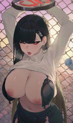 Rule 34 | 1girl, absurdres, black bra, black hair, black skirt, blue archive, blush, bra, breasts, cleavage, cowboy shot, groin, hair ornament, hairpin, halo, highres, large breasts, long hair, long sleeves, nipples, one eye closed, open mouth, pleated skirt, r1zen, red eyes, restrained, ribbed sweater, rio (blue archive), skirt, solo, sweater, tongue, tongue out, underwear, white pubic hair, white sweater