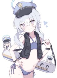 Rule 34 | 1girl, :3, anmin toufu, bikini, black vest, blue archive, blue bikini, blue halo, blue headwear, blush, bracelet, breasts, chibi, chibi inset, closed mouth, cowboy shot, crossed bangs, extra, hair between eyes, halo, halterneck, hand on own hip, hat, heart, highres, holding, jewelry, long hair, looking at viewer, navel, open mouth, petite, police hat, purple eyes, side-tie bikini bottom, simple background, small breasts, swimsuit, twintails, valkyrie police academy student, vest, white background, white hair
