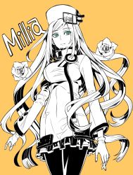 Rule 34 | 1girl, aqua eyes, breasts, female focus, fingerless gloves, flower, gloves, guilty gear, guilty gear xrd, hat, kaneshiki suisse, long hair, millia rage, monochrome, pantyhose, rose, simple background, solo, spot color, very long hair, yellow background