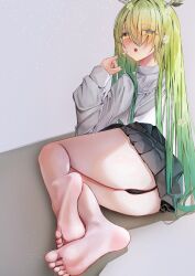 Rule 34 | 1girl, absurdres, ass, barefoot, blush, ceres fauna, feet, green hair, highres, hololive, hololive english, long hair, looking at viewer, open mouth, panties, pantyshot, satoki, soles, toes, underwear, virtual youtuber, yellow eyes