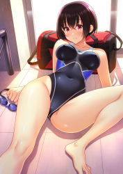 Rule 34 | 1girl, bag, barefoot, black hair, black one-piece swimsuit, breasts, commentary request, competition swimsuit, covered erect nipples, goggles, unworn goggles, highres, kuri (kurigohan), lying, medium breasts, multicolored clothes, multicolored swimsuit, one-piece swimsuit, original, red eyes, short hair, solo, swimsuit