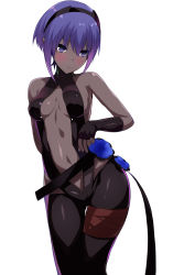 Rule 34 | 1girl, arm behind back, bare shoulders, belt, black gloves, black hairband, black leotard, black thighhighs, blush, breasts, breasts apart, center opening, cleavage, closed mouth, commentary request, contrapposto, cowboy shot, dark-skinned female, dark skin, elbow gloves, fate/prototype, fate (series), fingerless gloves, gloves, hair between eyes, hairband, hassan of serenity (fate), highres, legs together, leotard, looking down, looking to the side, medium breasts, navel, purple eyes, purple hair, shimejinameko, shiny clothes, shiny skin, short hair, simple background, solo, standing, stomach, thigh gap, thigh strap, thighhighs, tsurime, white background