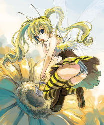 Rule 34 | 1girl, antennae, arthropod girl, ass, bad id, bad pixiv id, bee, bee girl, blonde hair, blue eyes, bucket, bug, fairy, flower, honey, insect, insect girl, long hair, mini person, minigirl, monster girl, original, panties, personification, sage joh, solo, striped clothes, striped panties, striped thighhighs, thighhighs, twintails, underwear, wings